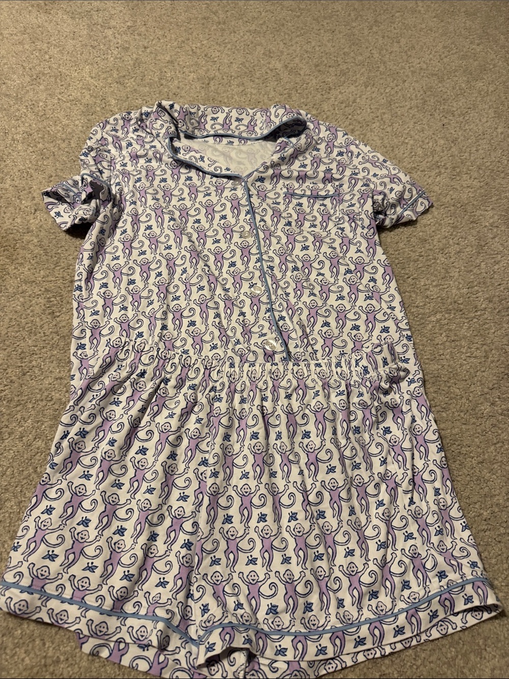 Roller Rabbit Purple and White Monkey Print Short Pajama Romper